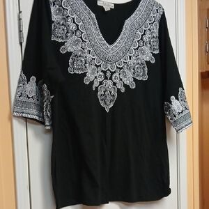 French Laundry Black Blouse with Intricate White Design